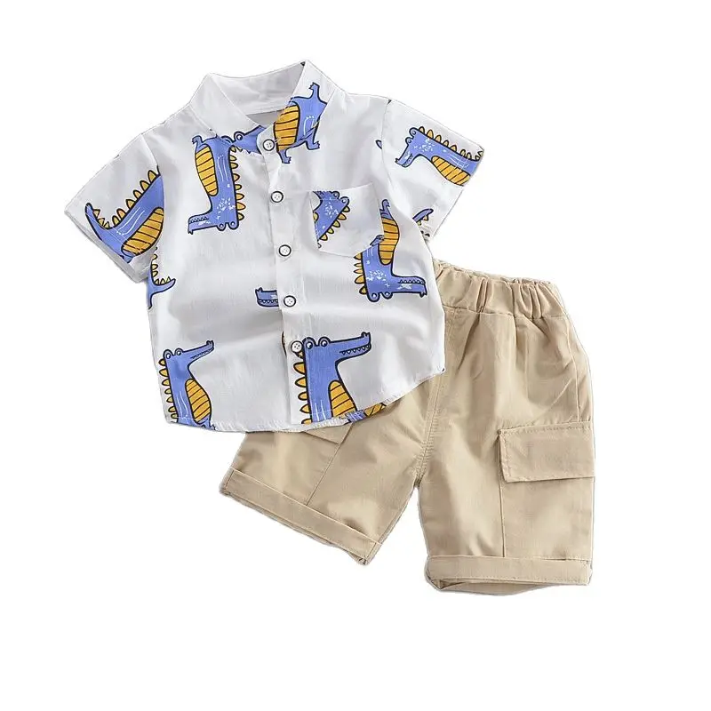 

2021 New Cute Toddler Boy Summer Set Cartoon Dinosaur Print Short Sleeve Shirt + Pants for Kid Baby Boys Clothes
