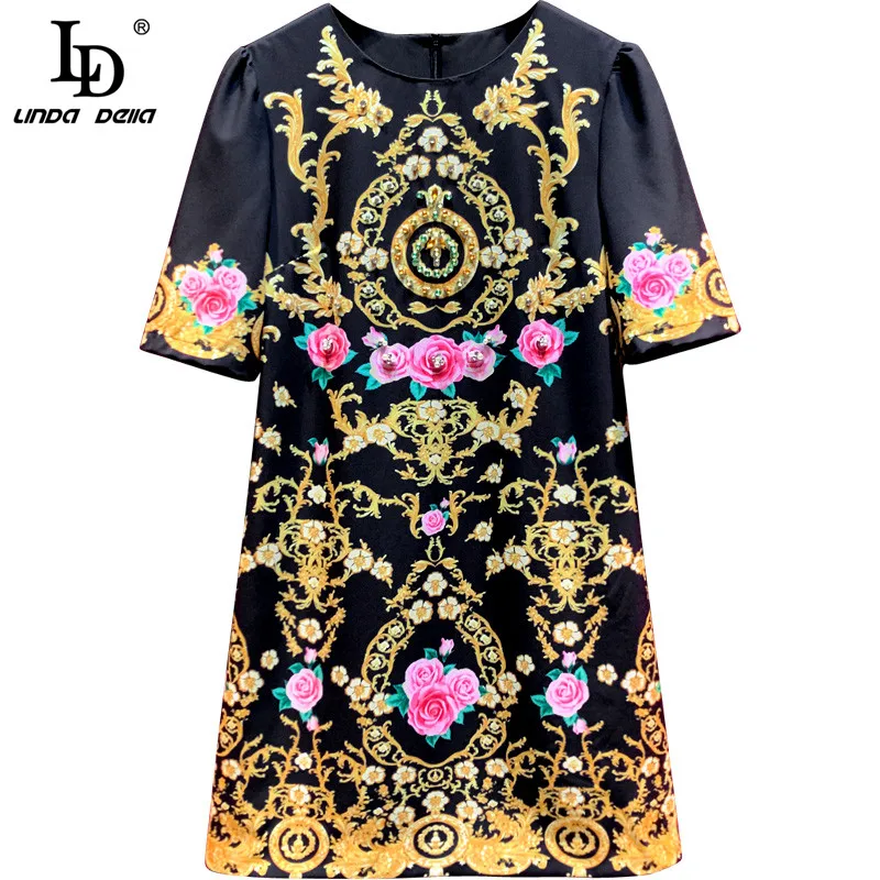 

LD LINDA DELLA Summer Fashion Runway Designer Vintage Dress Women Short Sleeve Black Floral Print Beading Loose Short Dress 2021