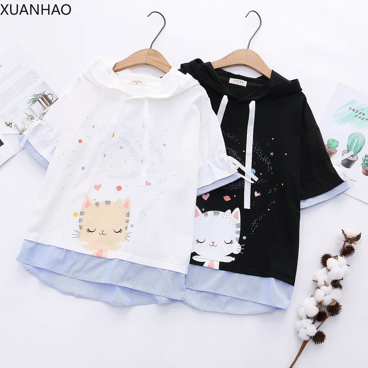 

XUANHAO женские свитера с капюшоном в японском стиле Харадзюку милые Мультяшные коты принты хлопковые толстовки с коротким рукавом Свободные ...