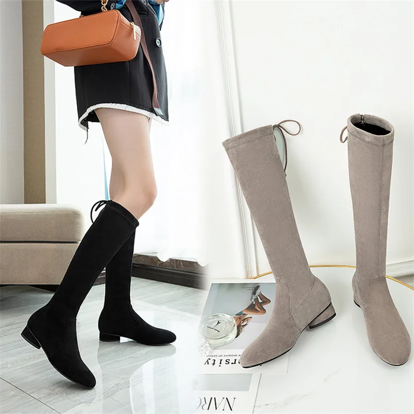 

Plus Size Women Knee-high Boots Black Stretch Flock Low Square Heels Winter Sexy Lady Round Toe Plush Lace-up Elastic Long Boots
