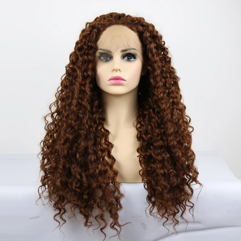 Парики из коричневого вьющегося синтетического кружева 150% плотность