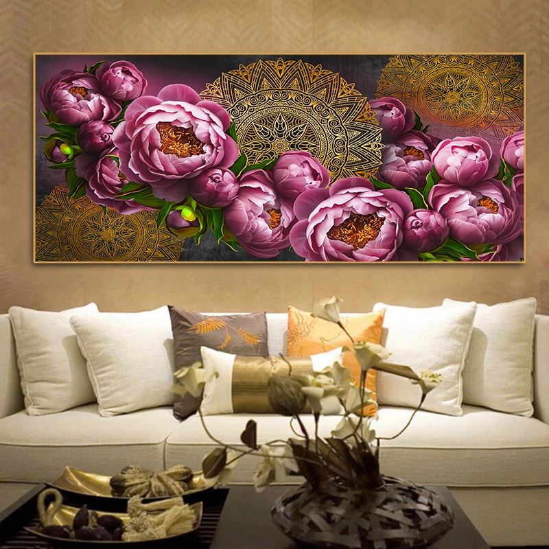 

Vintage Pattern Art Canvas Painting Golden Mandala And Red Rose Flower Coexisting Wall Art Poster As A Living Room Decoration