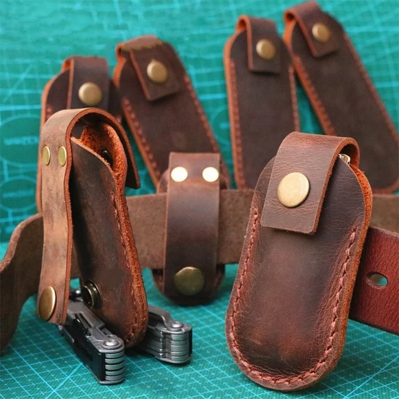 10 Types First Layer Crazy Horse Cowhide Leather Folding Knife Tool Pliers SOG Case Sheath Key Waist Bag Quick Buckle Belt