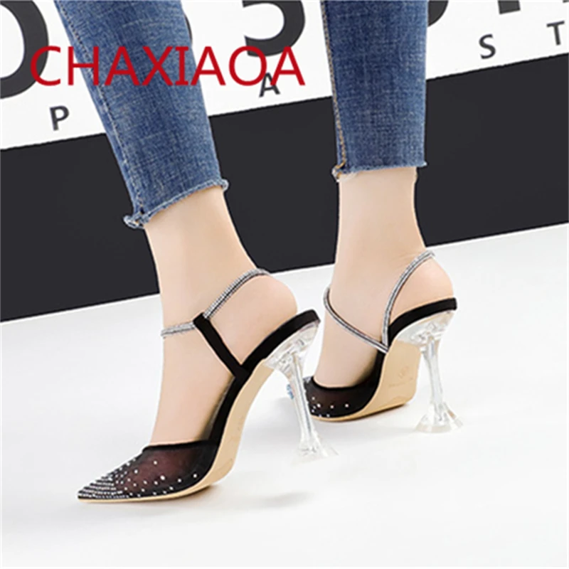 

CHAXIAOA Mesh Crystal Women Clear Heels Sandals Pointed Toe Ladies Runway Slingback Shoes Full Rhinestone Slip On Female Sandals