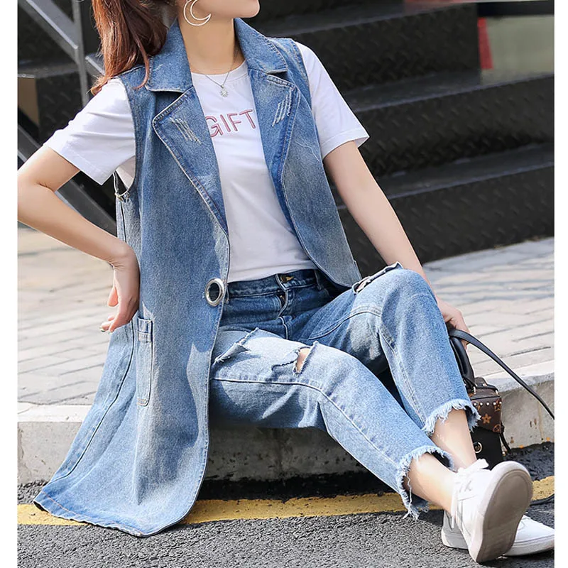 Fashion Bust (100-130cm) S-3XL 2020 Plus Size Summer Jacket Sleeveless Cardigan Ladies Jeans Waistcoats Long Denim Vest Women | Женская