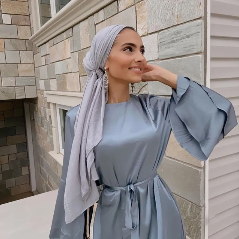 ИД абайя кимоно индейка сатинская мусульманская мода хиджаб платье Abayas для женщин Дубай исламские летние макси платья халат