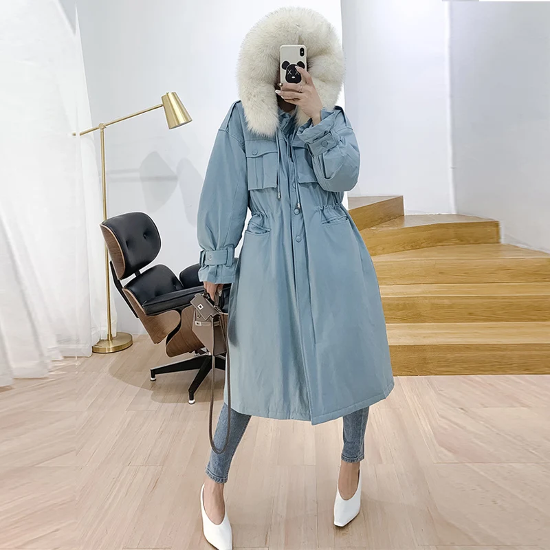 Женское пальто на утином пуху с капюшоном теплая длинная парка воротником из 2019