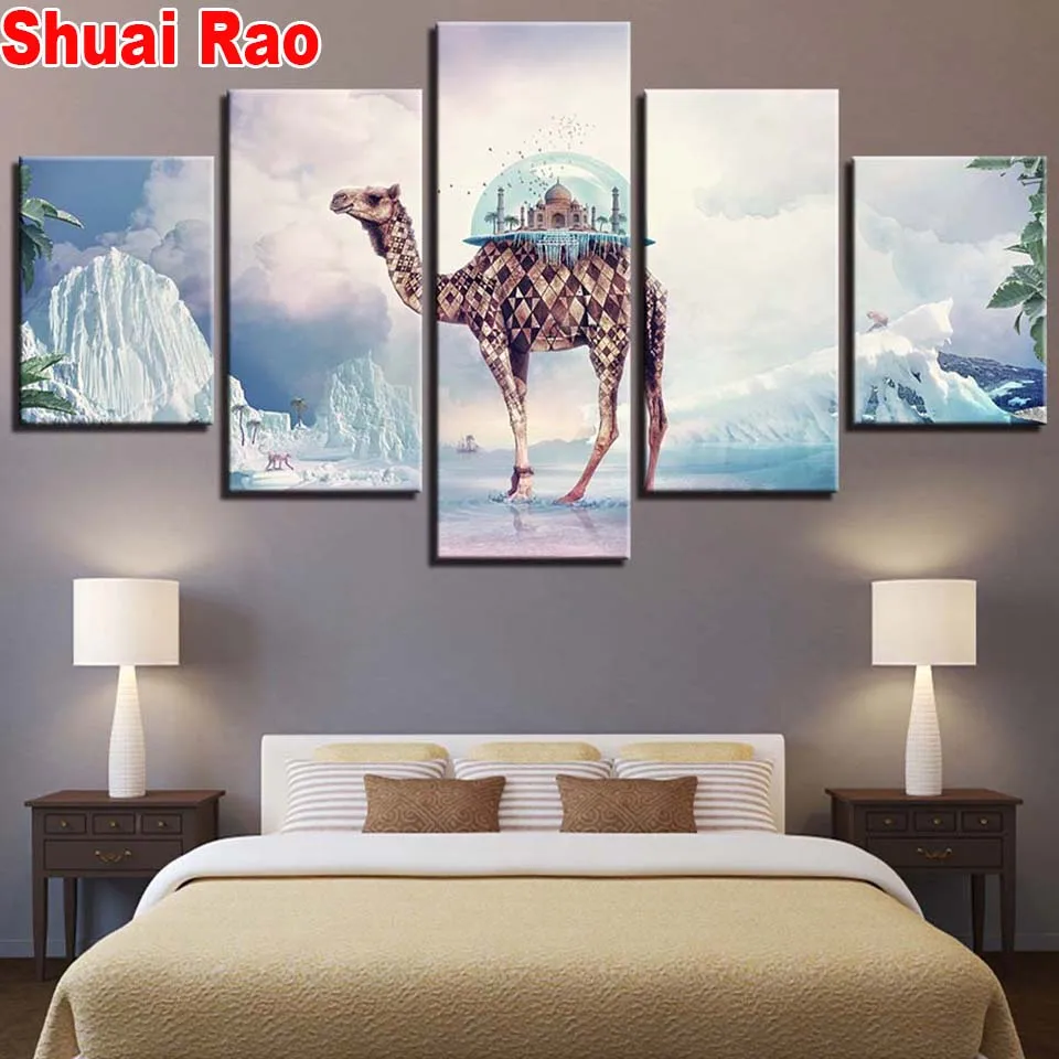 

5 panel Diamond Painting Camel Castle 5d diy diamond Embroidery full round square Mosaic snow mountain horse wall art