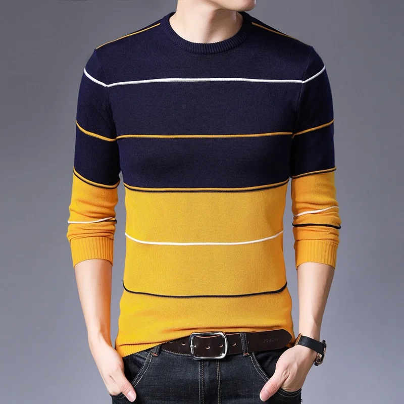 Brand Knit Fashion New High Pullover Slim Quality Fit Striped Mens Oneck Sweater Autum Korean Woolen Casual Jumper Clothes Men