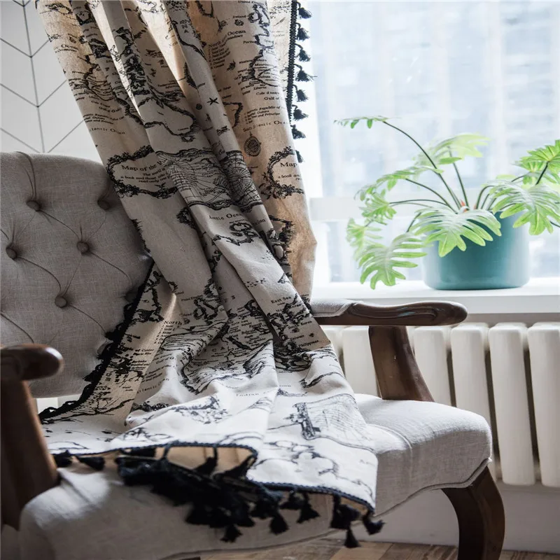 Занавески с рисунком в виде карты занавески кисточками затеняющие для гостиной