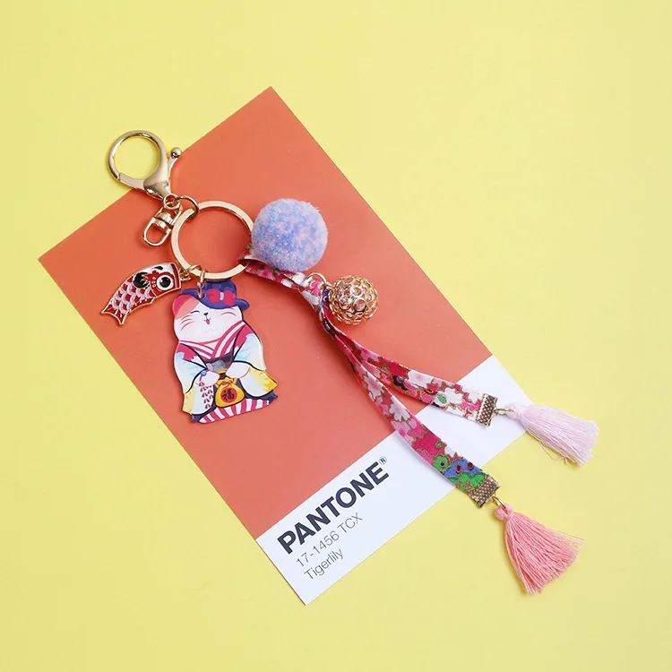

Japanese Style Lucky Cat Keychain Creative Cartoon Cherry Blossom Carp Backpack Handbag Car Key Accessories Pendant Keyring New