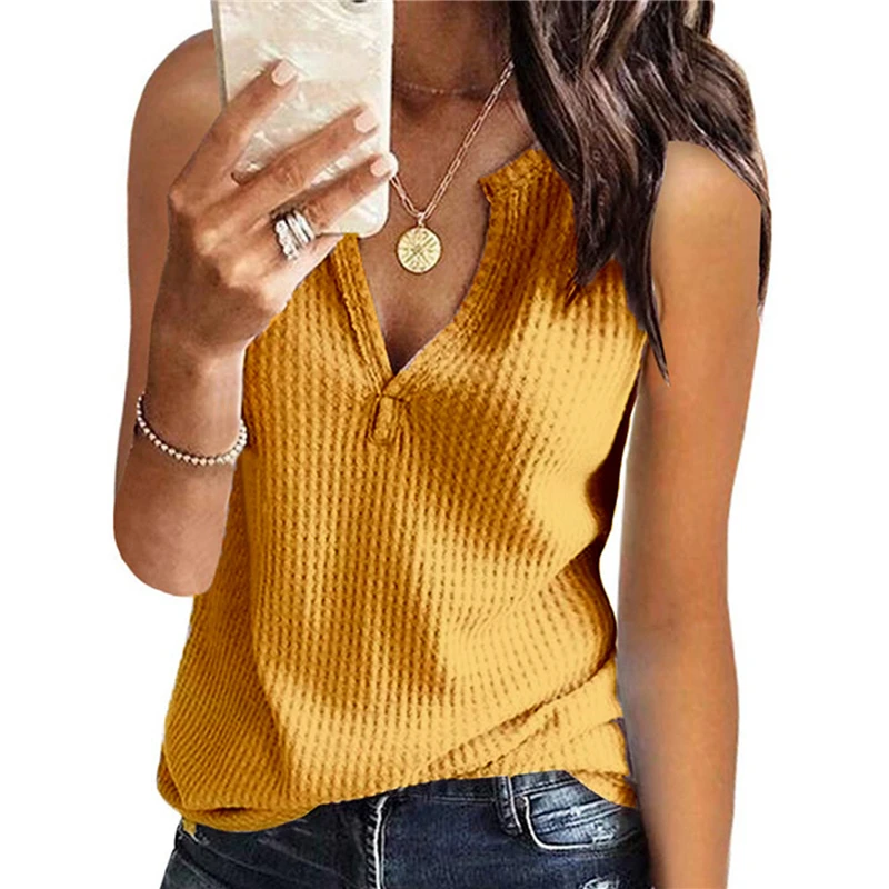 

Women Fashion V-Neck T-Shirts Sleeveless Solid Color Waffle Knitted Tops Loose Fitting Tee Top Lady Summer Casual Beach Pullover