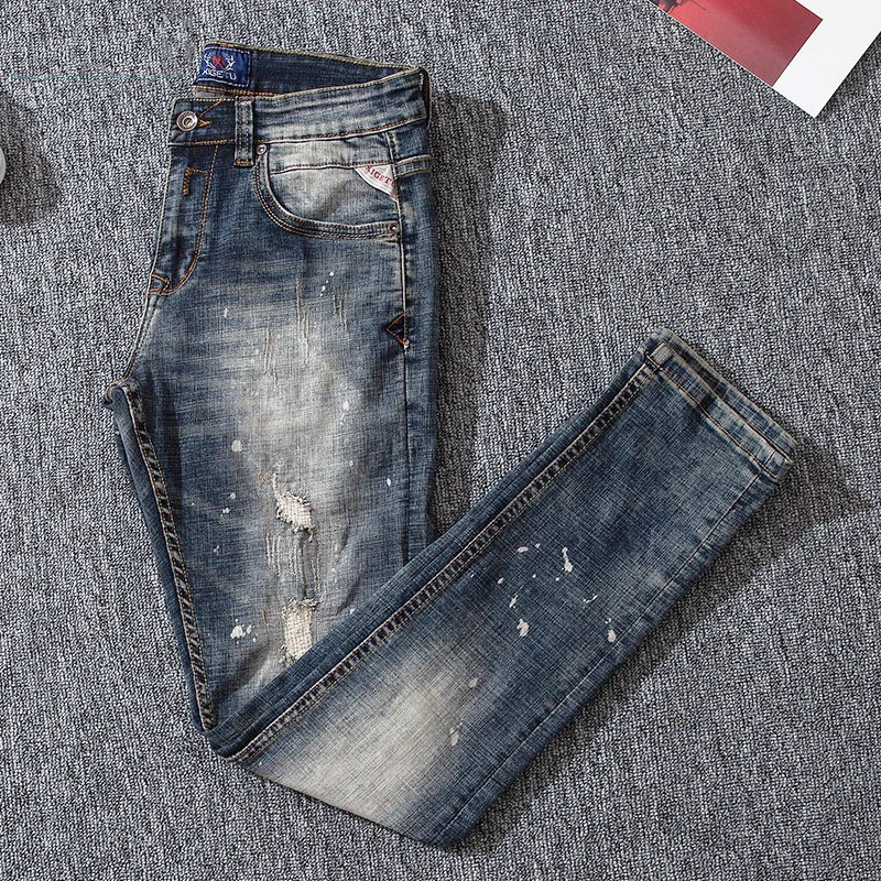 Newly Street Fashion Men Jeans Retro Blue Elastic Slim Ripped Jeans Men Distressed Vintage Designer Splashed Denim Plain Pants