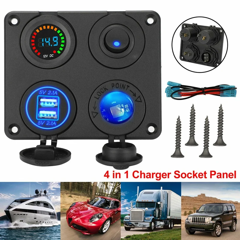 

12V 4.2A Dual USB Car -Cigarette Charger Lighter Socket Adapter 4 in 1 Switch Panel Blue LED