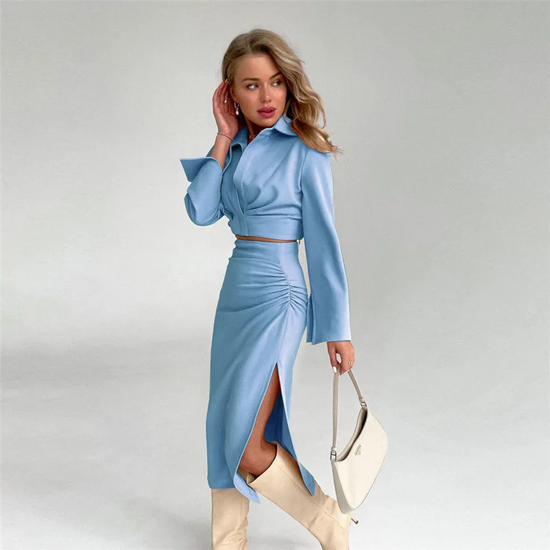 

MOARCHO Sexy Turn-down Collar Short Tops Long Sleeve Pleat Bodycon Pencil Skirts Office Lady Set 2021 New Fashion Elegant