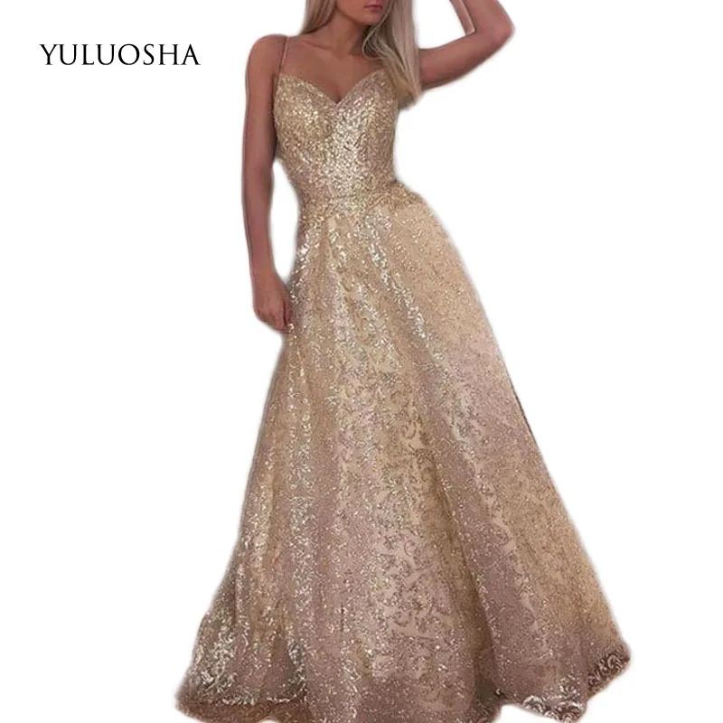 

YULUOSHA Sexy Sequined Evening Dresses Long A-Line Sleeveless Sweetheart Evening Gowns for Women Party Dress Vestido De Noche