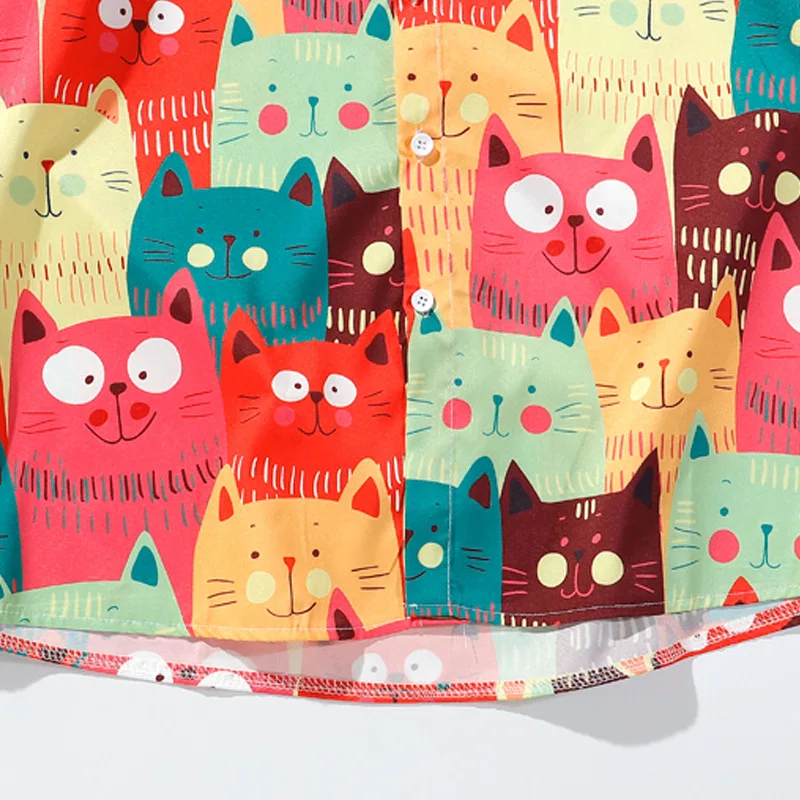 2021 Hawaiian Shirt Mens Multi-Color Cat Print Summer Loose Light Casual Short Sleeve Shirts