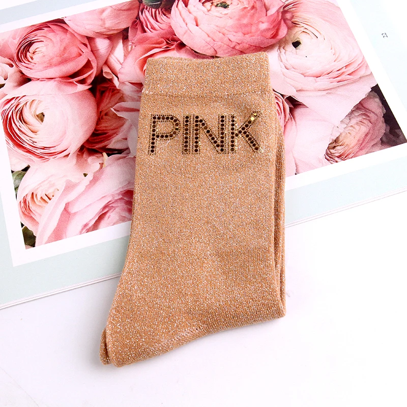 Fashion Women Lurex Glitter Socks Gold Sequins PINK Printed Letter Socks High Quality Casual Women Sexy Happy Socks