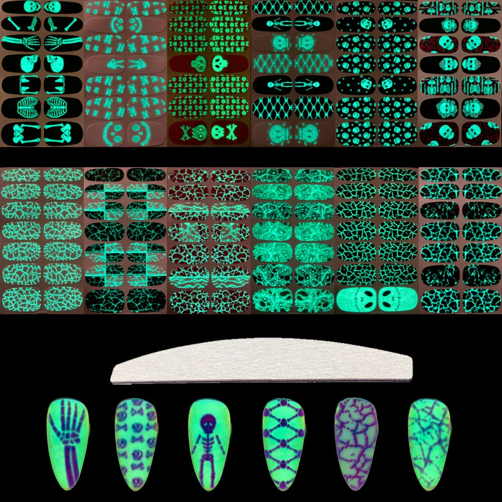 

12PCS Nail Glitter Stickers Designer Christmas Noctilucent Glow At Night Nail Art Decoration Water Sticker Tips