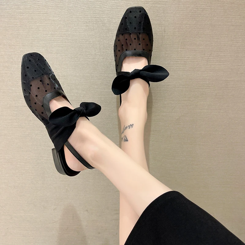 

Summer Woman Sweet Flat Sandals Slingback Mules Mesh Bowtie Cover Toe Sandalis Calzado Luxury Slip Ons Flats Shoes Loafers
