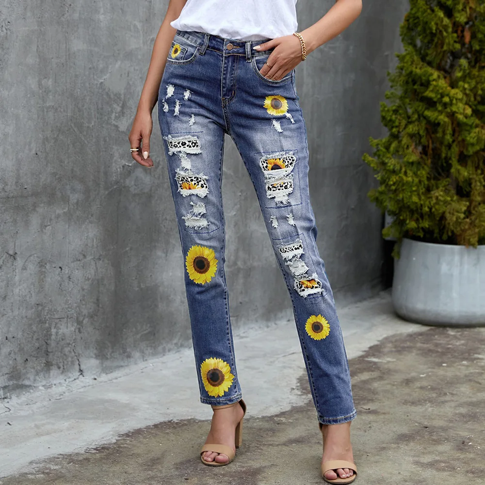 

Women's jeans 2021 new style ripped print lining casual nine-point pants women jeans woman baggy jeans women