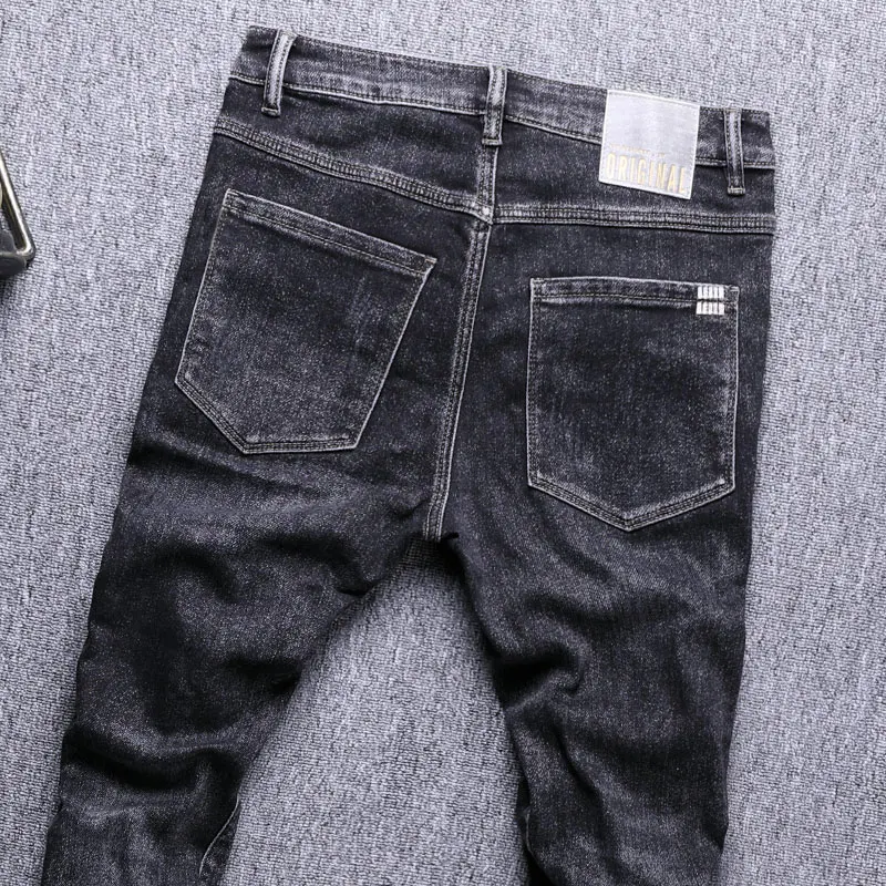 Newly Fashion Men Jeans Black Color Elastic Slim Fit Ripped Jeans Men Korean Style Embroidery Designer Casual Denim Pencil Pants