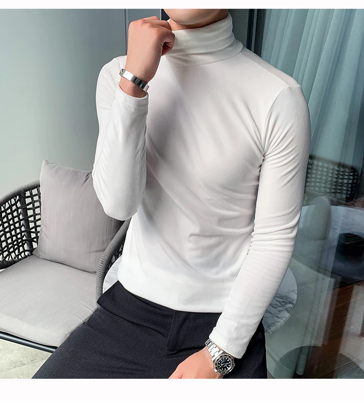 Азиатский размер Slim Fit стрейч бархат водолазка Мужская футболка с длинным рукавом осенние вечерние Нежные мужские