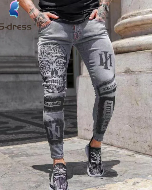 

Trendy men's stretch denim pants slim slimming printed gray jeans for men