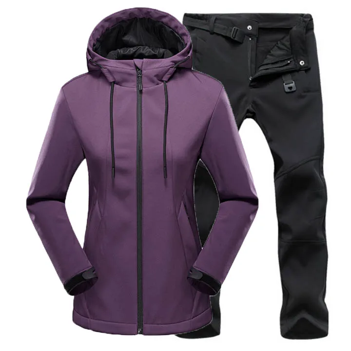 Purple Black Женские зимние брюки для похода в рыбный лагерь, лыжные теплые куртки, водонепроницаемые походные флисовые брюки Софтшелл, костюм с поясом - Цвет: Purple Black