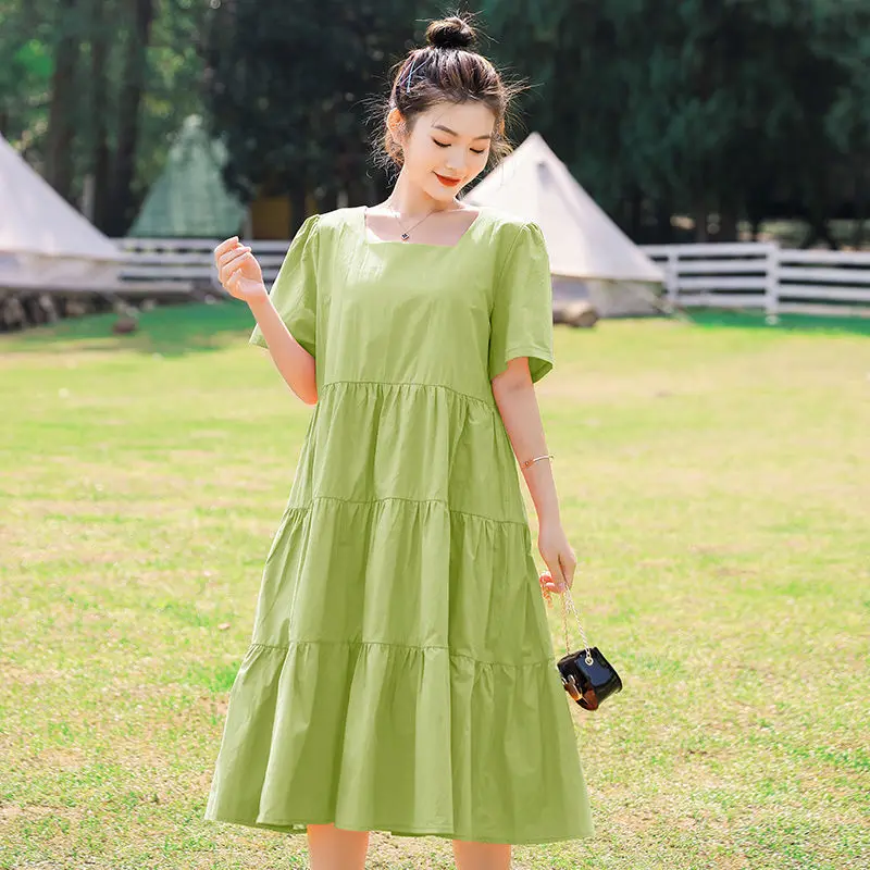 

2021 Women Spring Summer New Elegant Dress Female Loose Square Collar Short Sleeve Dresses Lady Casual Solid Pleated Vestido J71
