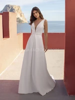 beach vestidos de novia white satin wedding dresses 2021 a line v neck beading cheap simple bridal gown for bride robe de mari%c3%a9e