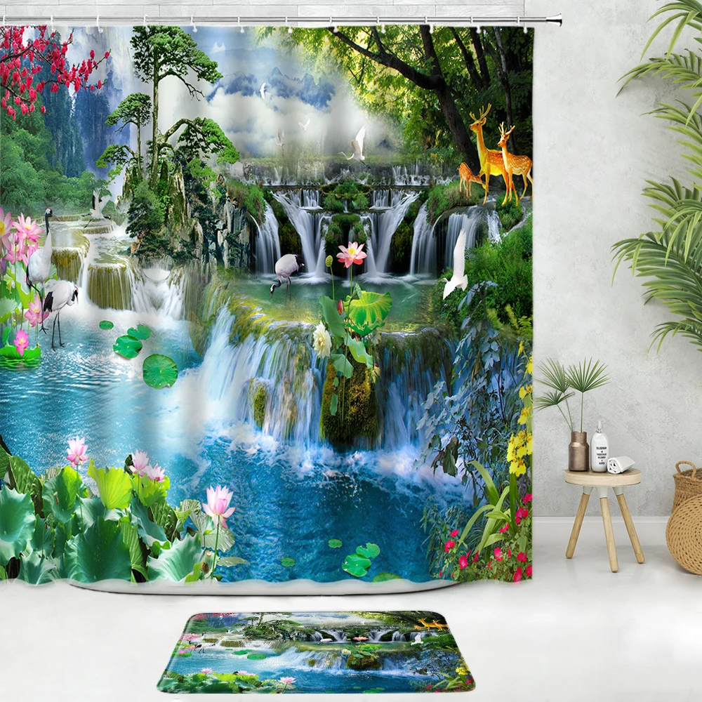 

Natural Scenery Shower Curtain Set Lotus Waterfall Bath Mat Green Plant Deer Landscape Curtains Bathroom Decor Anti-slip Carpet