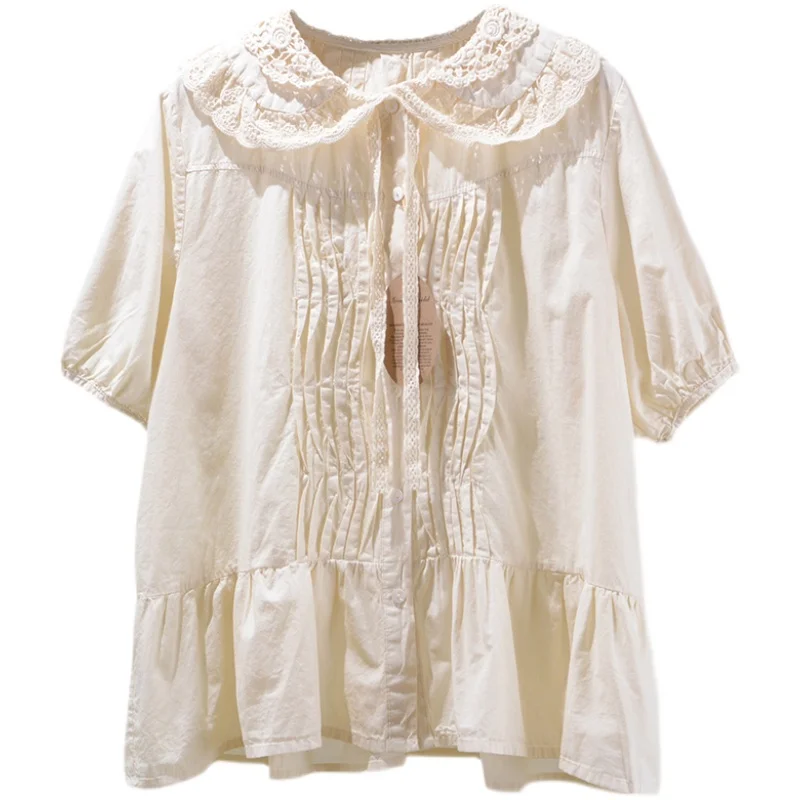 

2021 loose sweet solid color shirt pleated top fresh summer casual wear top