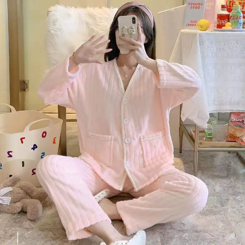 Pajama Set Women Winter Coral Fleece Flannel Sleepwear Flannel Warm 2 Piece /Set Long Sleeve Trousers Loungewear Pijama Homewea