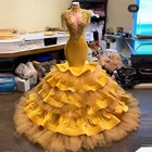 Золотистые тюлевые гофрированные платья для конкурса с высокой горловиной сексуальное Многоярусное кружевное вечернее платье для черных девушек