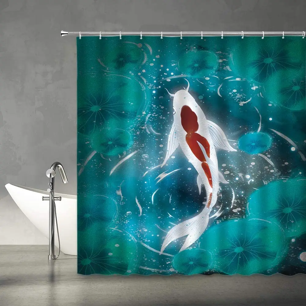 

Koi Fish Shower Curtains Water Lily Pond White Red Koi Fish Carp Ripples Japanese Fantasy Fairy Art Fabric Bathroom Decor Hooks
