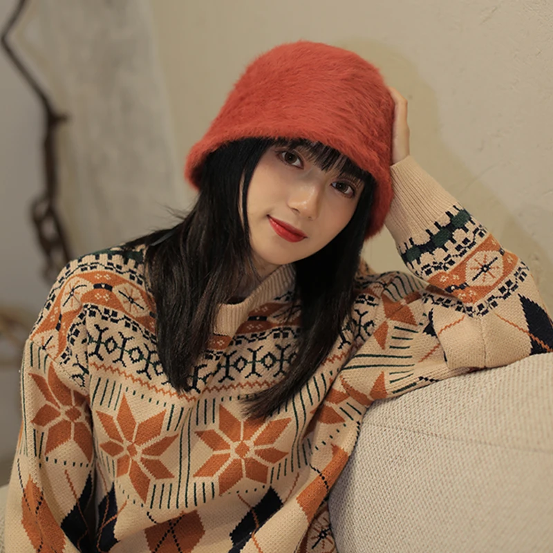 

Web celebrity autumn and winter warm rabbit plush dome basin hat Japanese leisure Korean fisherman hat shows a small face