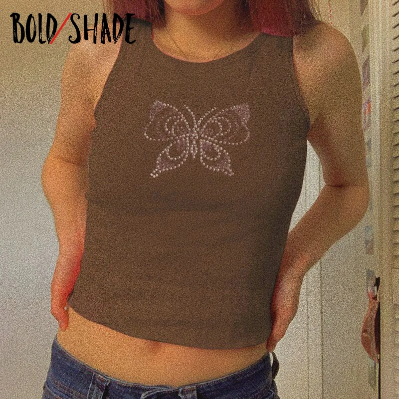 

Bold Shade Fairy Grunge Fashion y2k Tank Butterfly Rhinestone Sleeveless Bodycon Women Tanks Indie Aesthetic Basic Crop Tops New