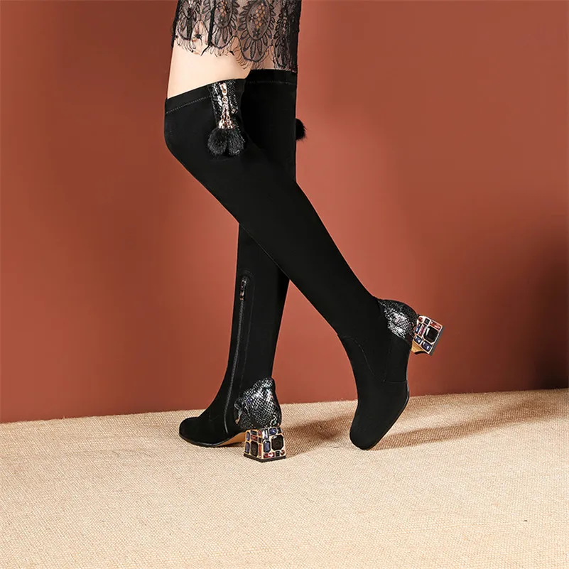 

ANNYMOLI Cow Suede Over The Knee Boots Women Shoes Genuine Leather High Heel Long Boots Zip Rhinestone Block Heels Boots Lady 40