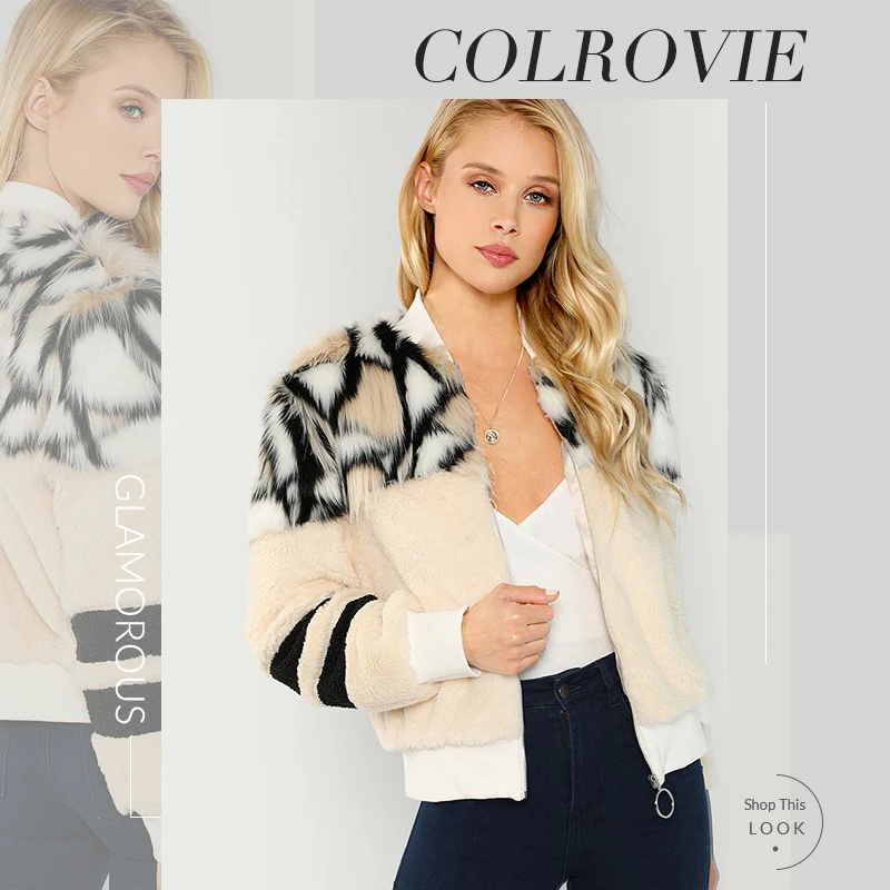 COLROVIE/пальто из искусственного меха на молнии с круглым кольцом, Женское пальто с воротником-стойкой, Гламурное,, осенне-зимнее теплое пальто, модная разноцветная верхняя одежда