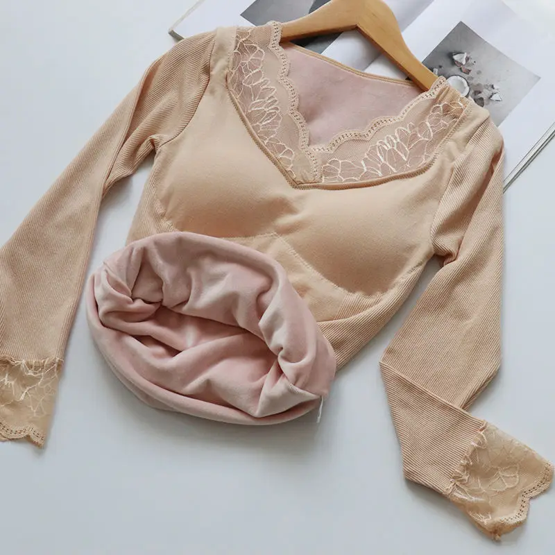 

Women 2021 Autumn Winter Fashion V-neck Thermal Underwear Female Solid Color Lace Tops Ladies Long Sleeve Slim Warm Tops E261