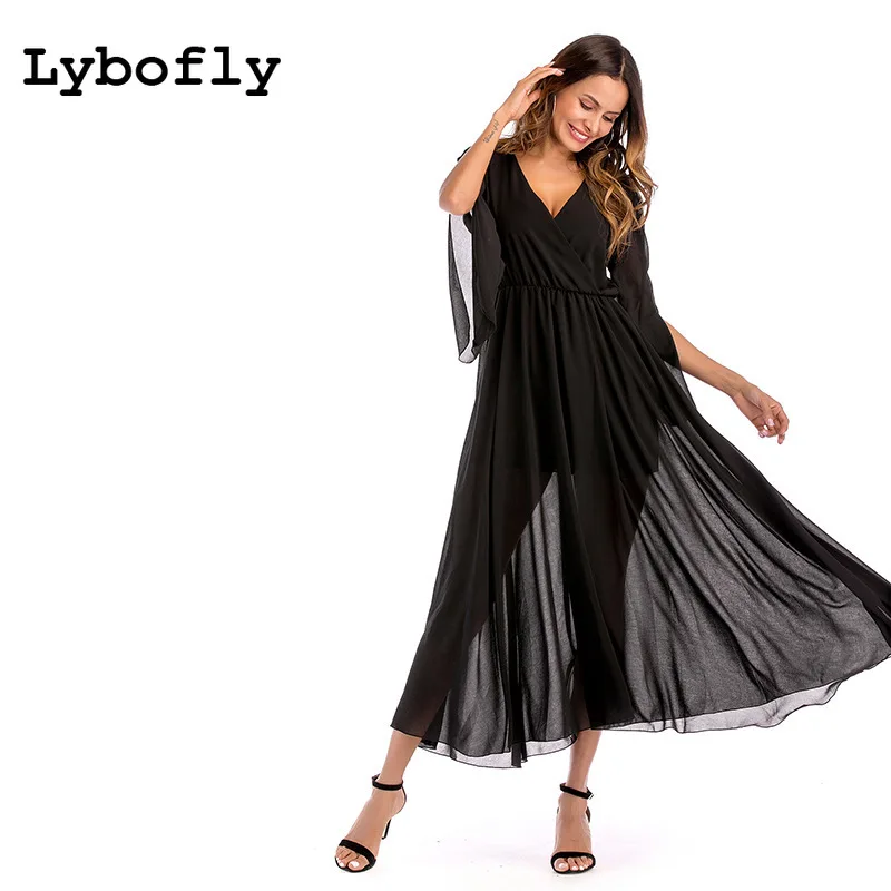 Женское летнее платье макси шифоновое однотонное длинное вечернее с v образным
