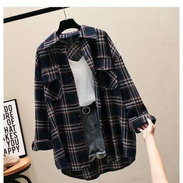 Рубашка женская в клетку с длинным рукавом Свободное пальто большие размеры