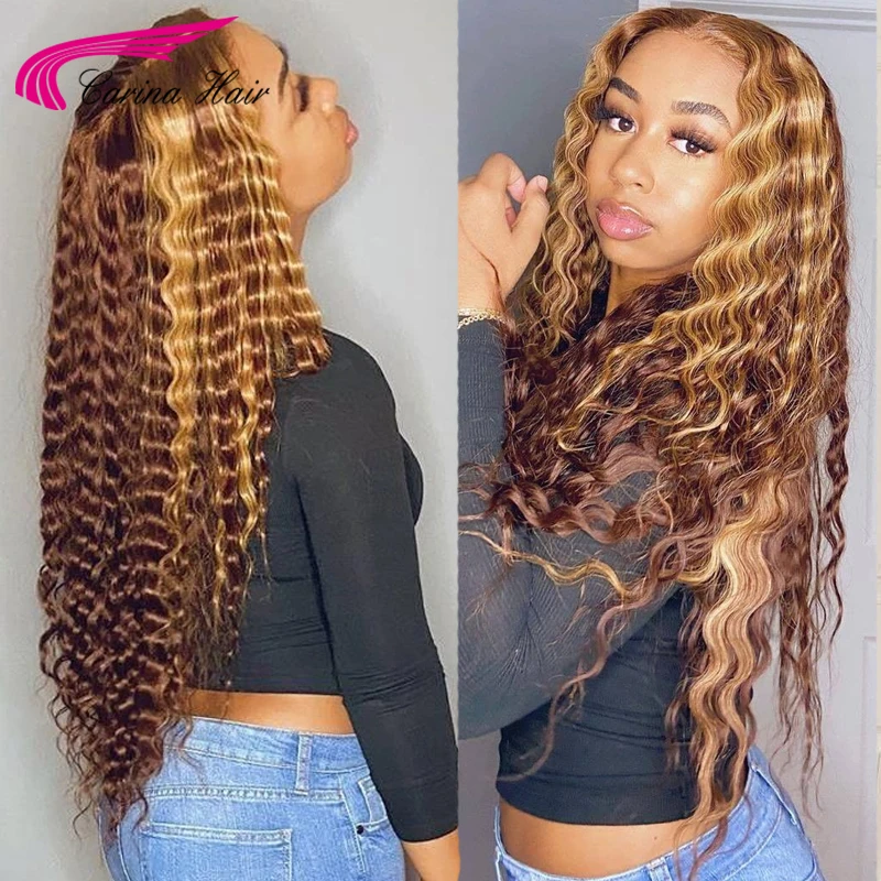 #4/27 Highlight Colored Human Hair Wigs Pre Plucked 13X6 Lace Front Deep Wave Ombre Remy 360 Frontal | Шиньоны и парики