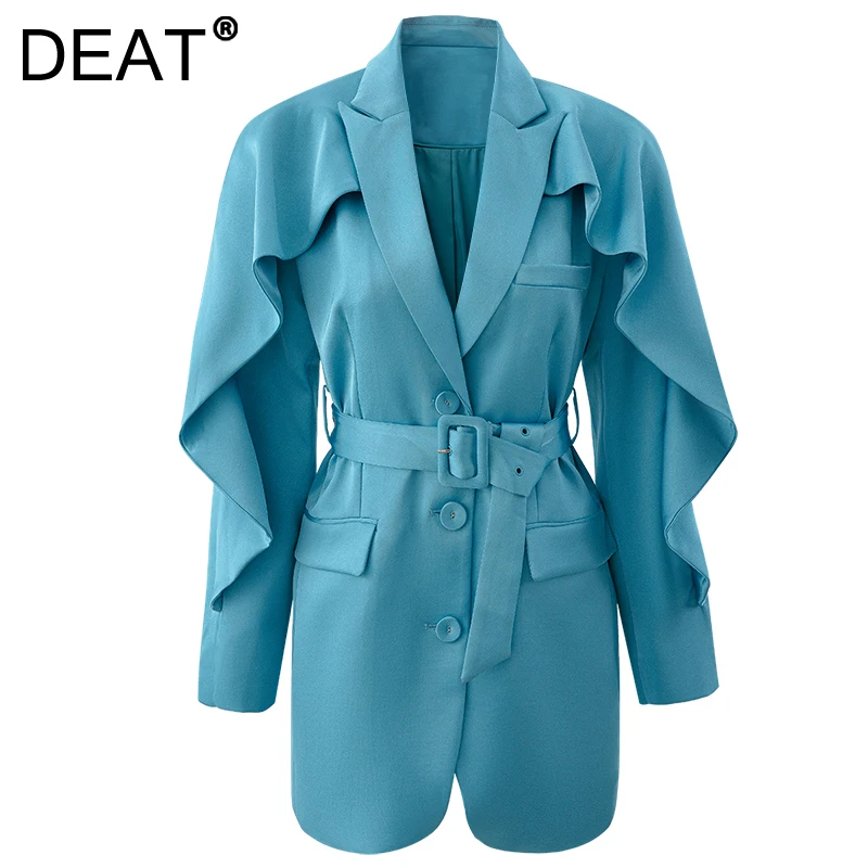 

Женский блейзер с длинным рукавом DEAT, повседневный синий блейзер с регулируемым поясом, пальто на осень и зиму, SK853, 2021