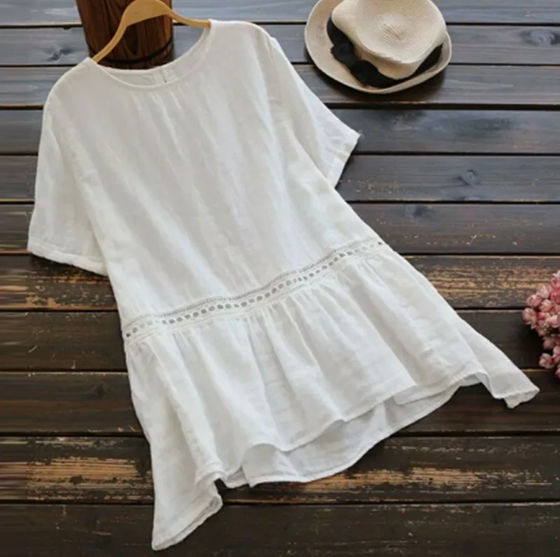 Женские льняные блузки с коротким рукавом повседневные кружевные лоскутные лето