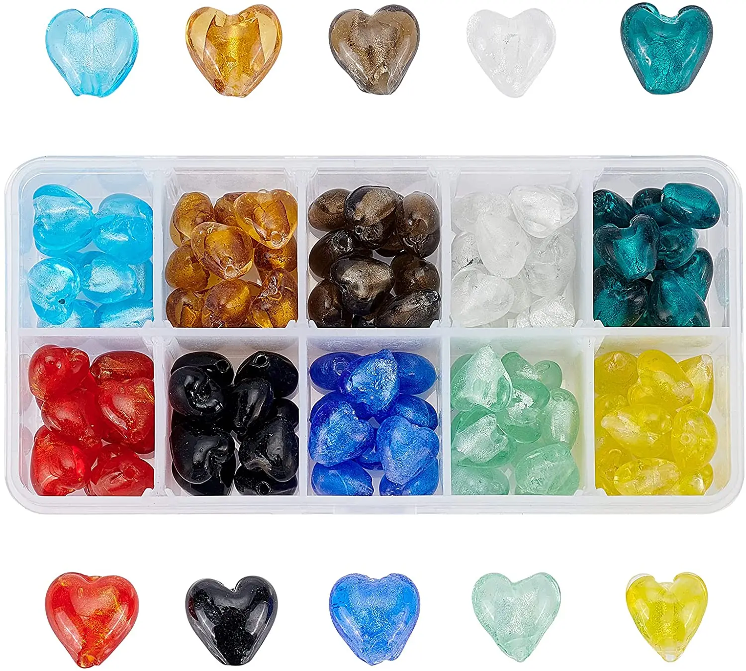 

100Pcs Lampwork Glass Bead Heart Handmade Glass Lampwork Spacer Beads 12x12mm Mixed Color Silver Foil Loose Beads for DIY Making