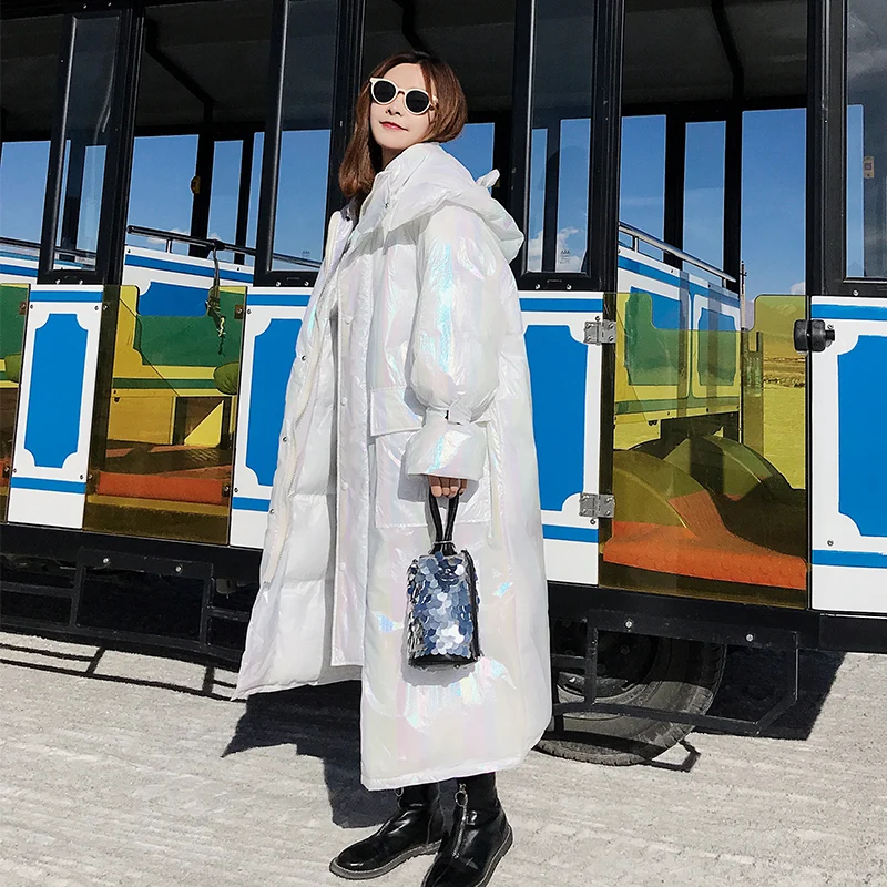 

Зимняя женская куртка 2023, белая парка с капюшоном с яркой поверхностью, новая модная Толстая теплая Свободная Повседневная Женская куртка оверсайз