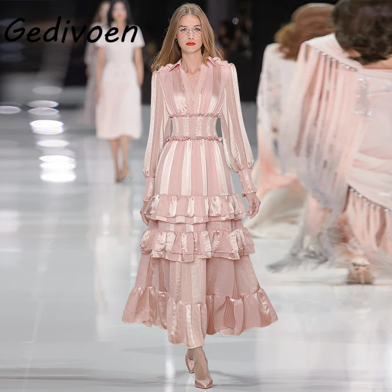 

Gedivoen Elegant Sweet Pink Patchwork Ruffles Maxi Dress Women's 2021 Summer Runway V-Neck Elastic Waist Ankle-Length Dresses