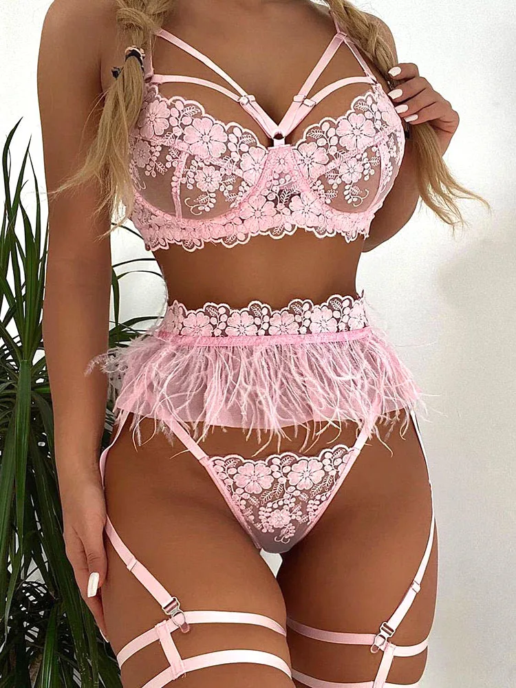 

Dvicky Sexy Underwear Floral Lace Feather Skirt Bondage Bra and Panty Female Breves Sets Cute Transparent Sensual Lingerie Woman